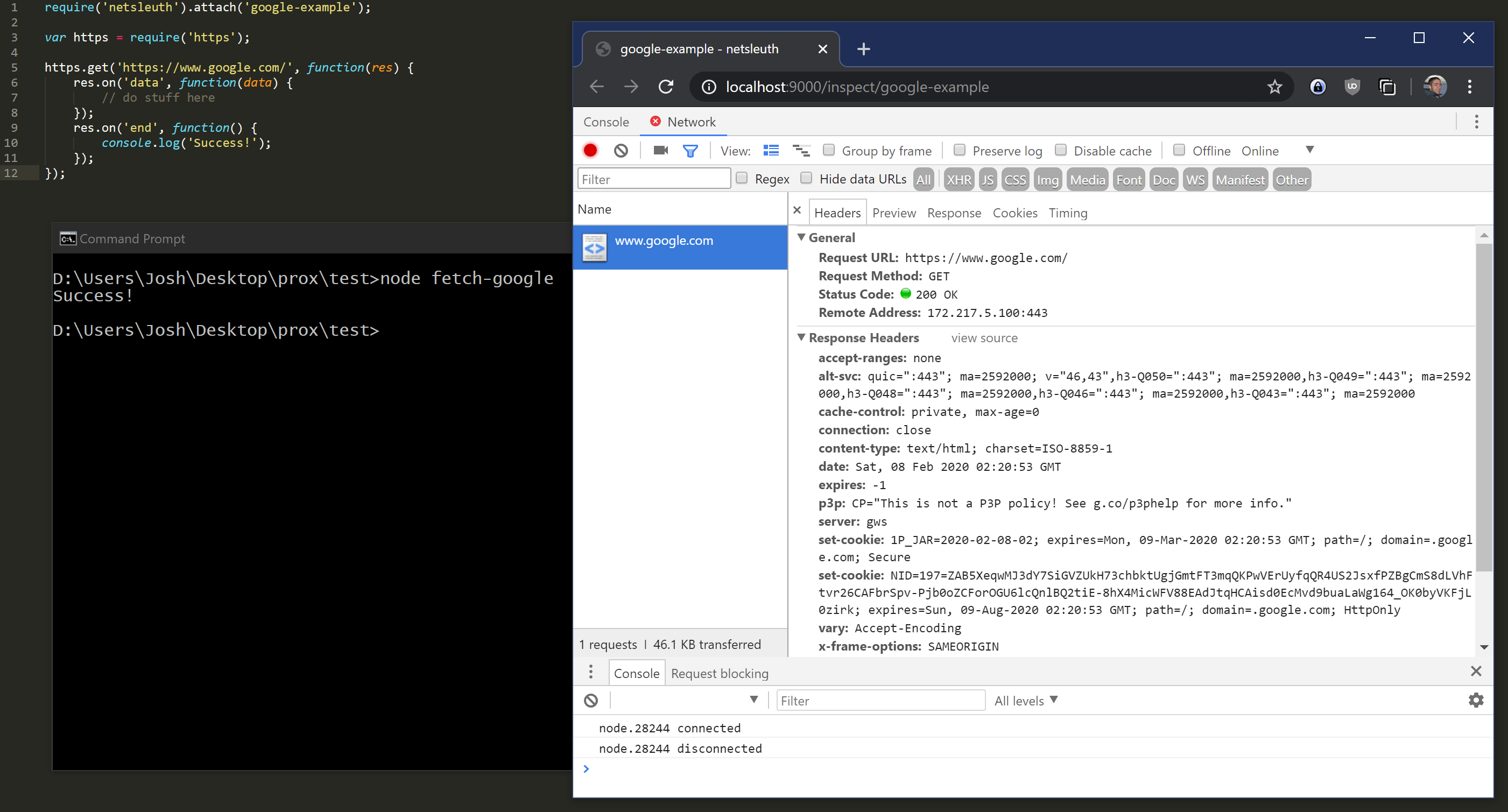 screenshot of js code to make a http request, command prompt window that ran the code, and the netsleuth inspector open in a browser window showing the request's details